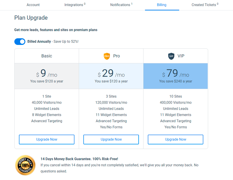 Pricing Plans Billing Section