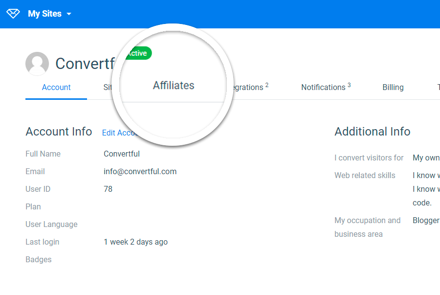 Convertful profile, affiliates section