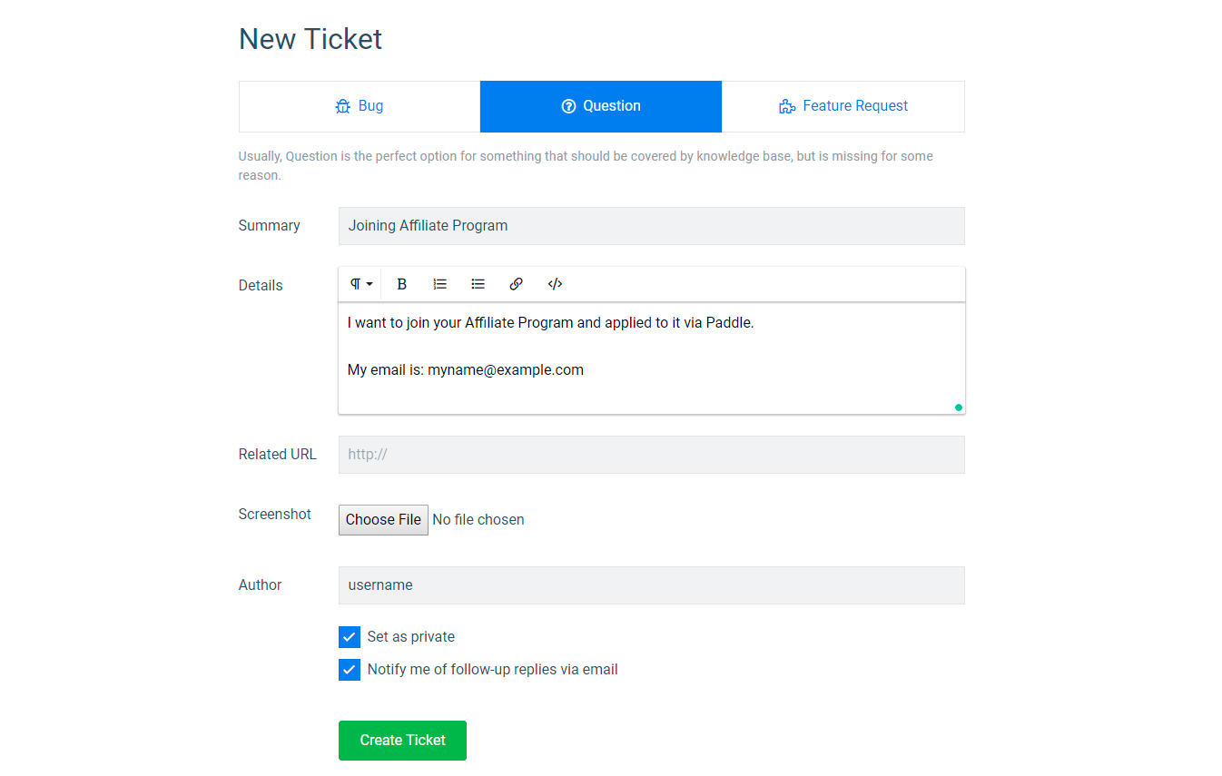 Create ticket to finish setup of affiliate settings