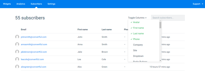 Convertful list of site subscribers