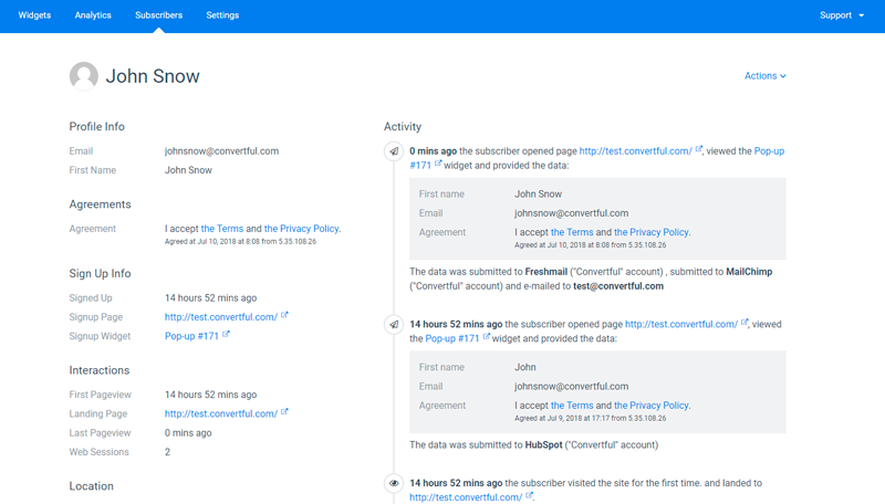 Convertful subscribers list - details