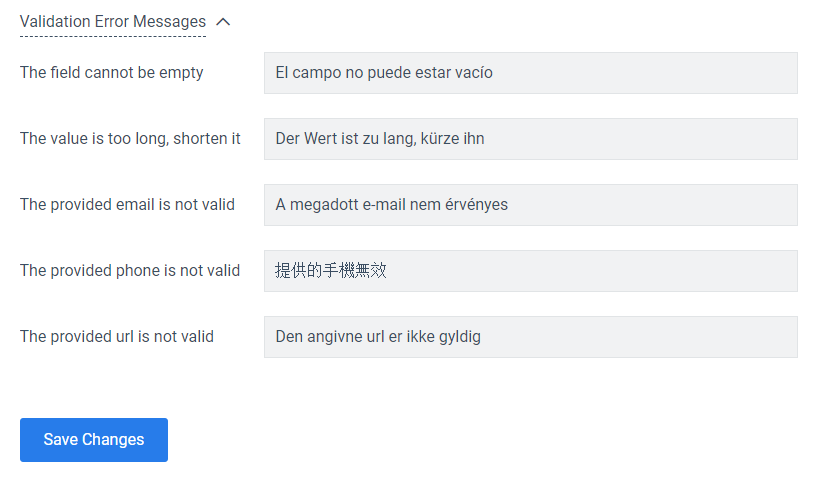 Convertful site settings - custom validation messages
