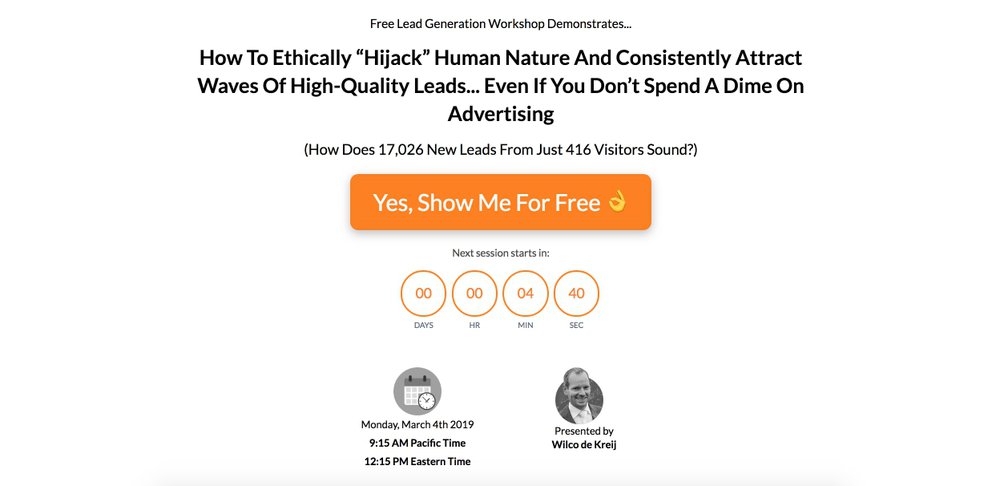 Upviral webinar landing page example