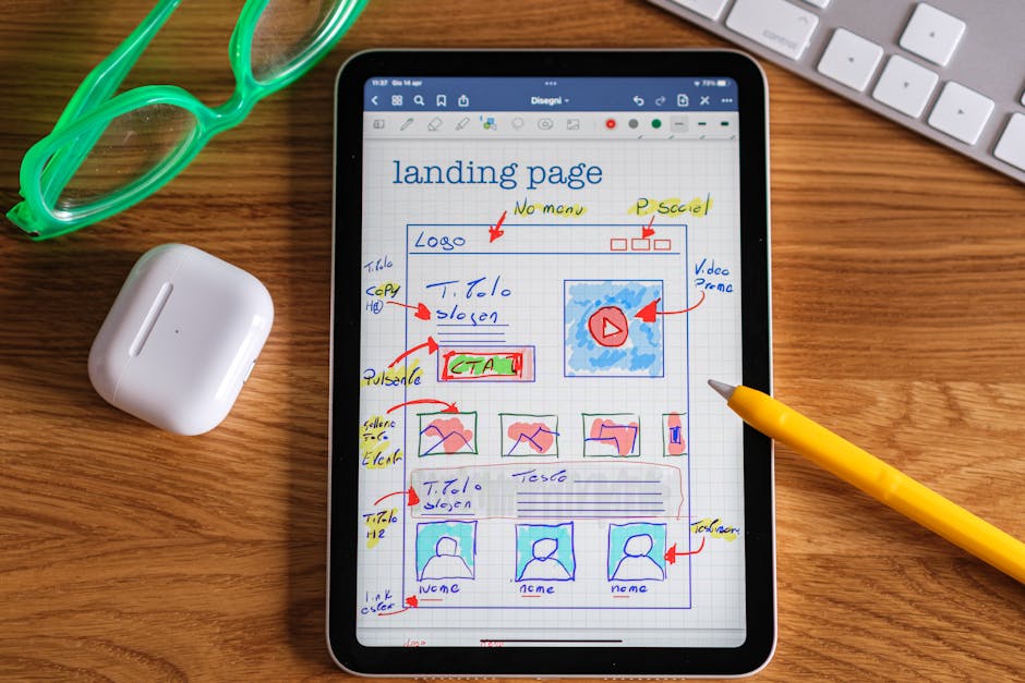 Close-up of tablet showing a hand-drawn landing page design ideal for web development concepts
