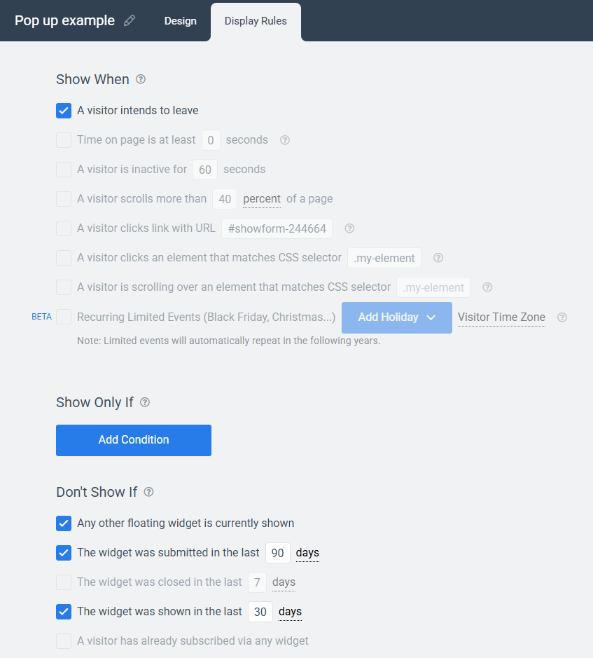 Pop up  Display Rules